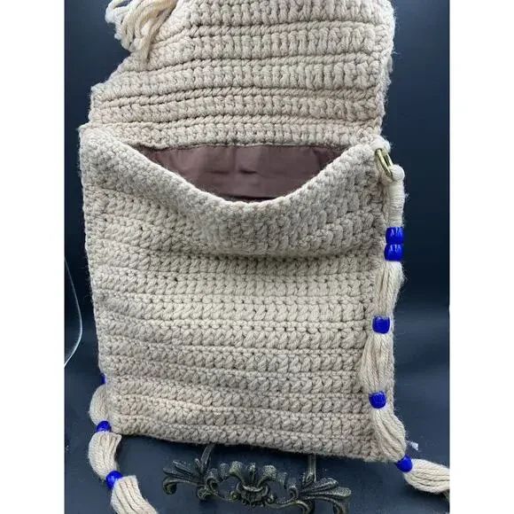 Vintage 70s Handmade Tan Crochet Boho w/Tassels Shoulder Bag Purse Fully Lined! - Picture 5 of 7